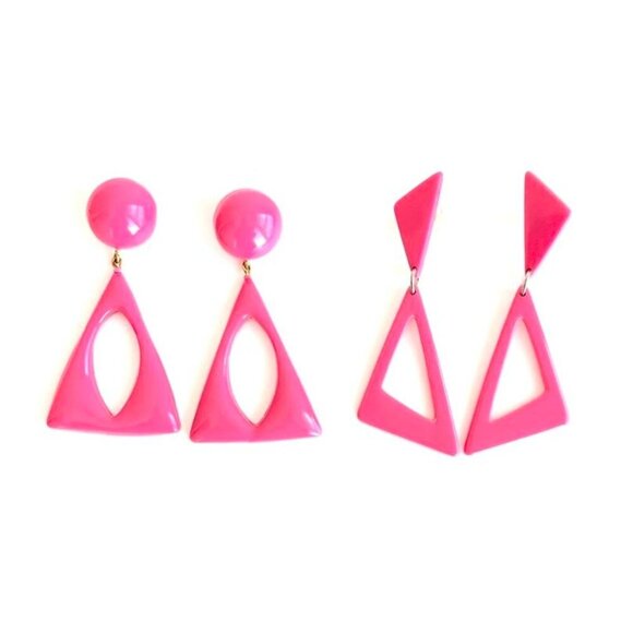 Oversized 1980's Plastic Geometric Pink Pierced Earrings 2 Pair Power Dressing - Picture 1 of 8